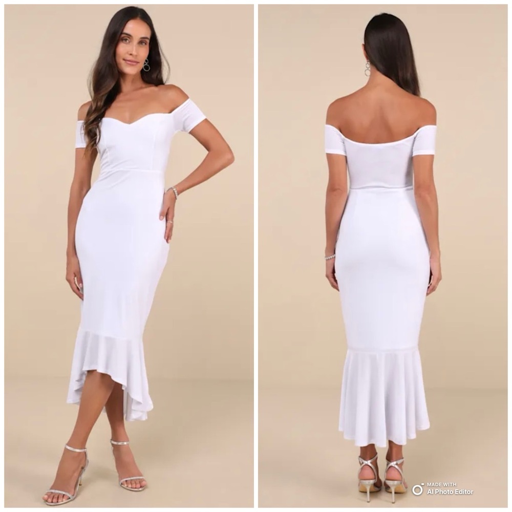Lulus Small How Much I Care White Velvet Off-The-Shoulder Midi Dress NWT